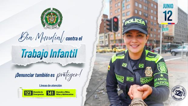 Policia de Infancia y Adolescencia dando la mano a un niño en la calle. Texto Día mundial contra el trabajo infantil, denunciar también es proteger.