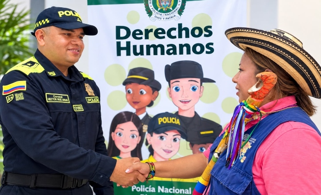 Funcionario policial saludando a una representante del Cabildo Indígena Finzenú